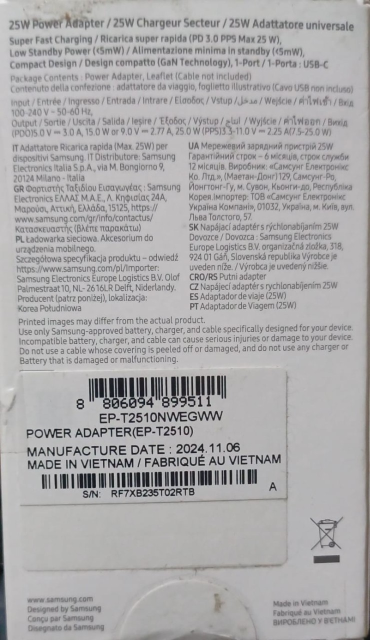 Charger original samsung 25W power adapter low standby