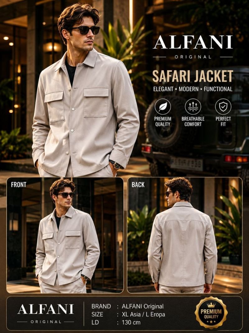 41 Kemeja Safari  bahan Tebal  warna grey ( abu-abu brand ALFANI Amerika terkenal Original size XL L